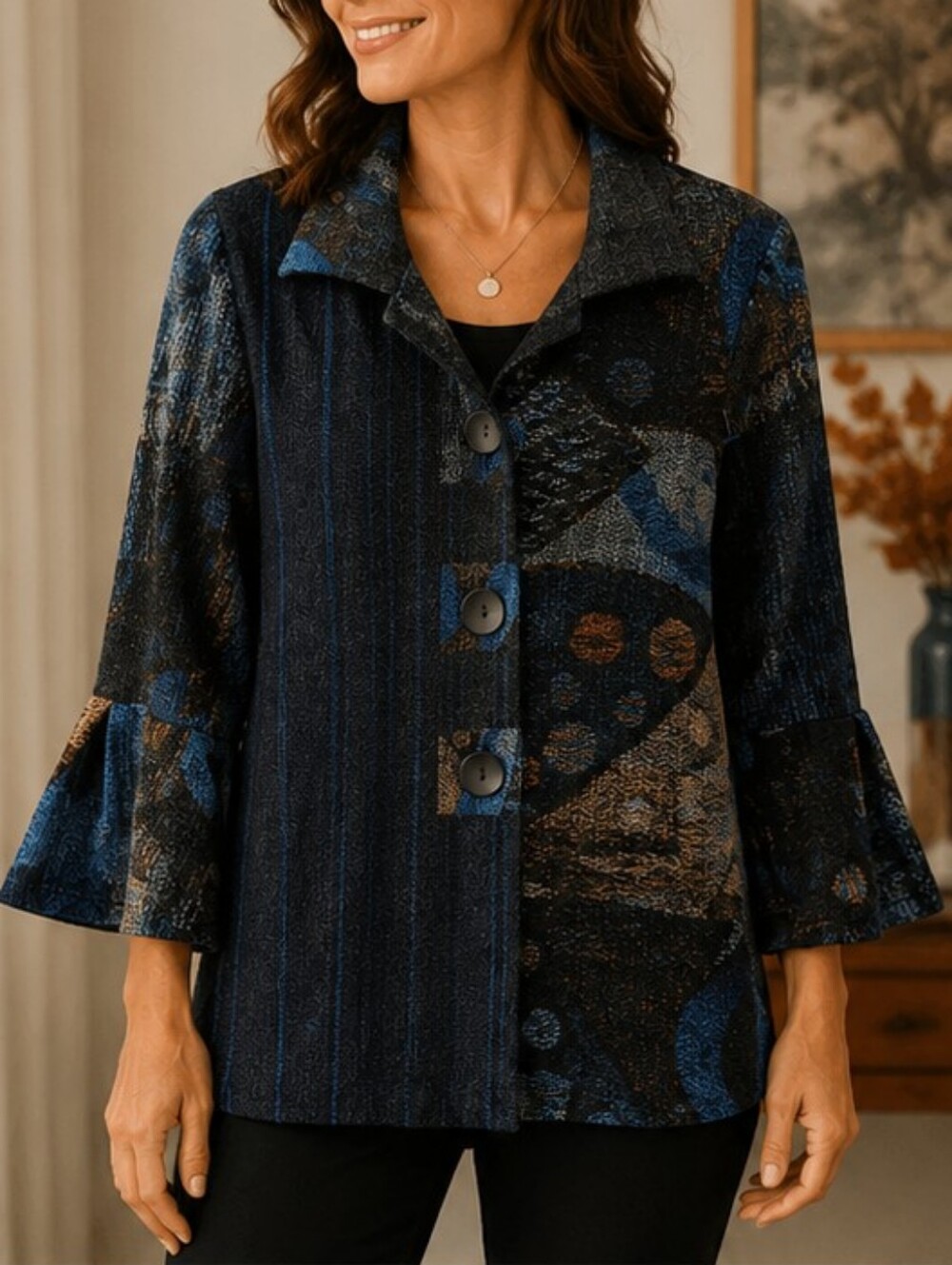 Damee XS Artisan Woven Abstract Art Jacket Top Bell Sleeve
